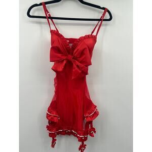 Victoria’s Secret Red Lingerie Bustier Teddy 34C Bow Ruffle Garter Babydoll Sexy